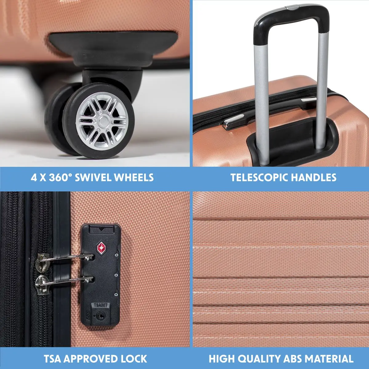 Dellonda 3-Piece Lightweight ABS Luggage Set with Integrated TSA Approved Combination Lock - Rose Gold - DL125 - Image 6