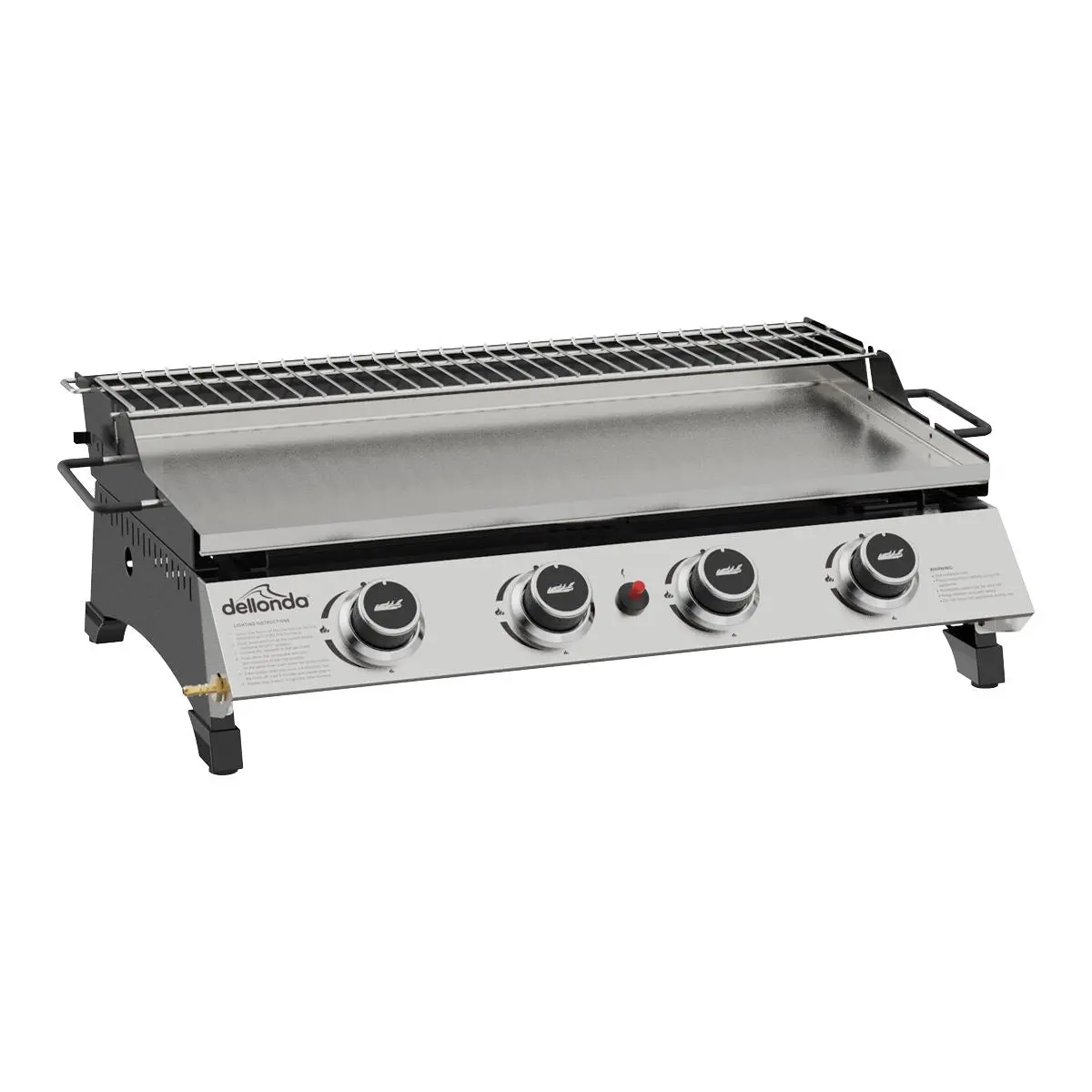 Dellonda 4 Burner Portable Gas Plancha with Warming Rack, 10kW BBQ Griddle, Stainless Steel