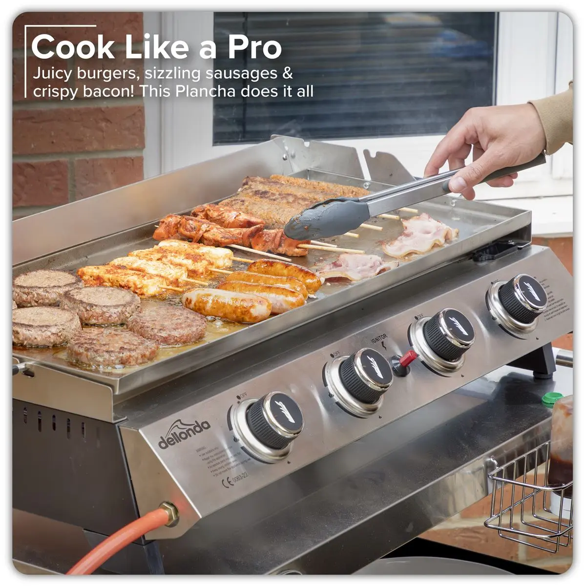 Dellonda 4 Burner Portable Gas Plancha with Warming Rack, 10kW BBQ Griddle, Stainless Steel - Image 2