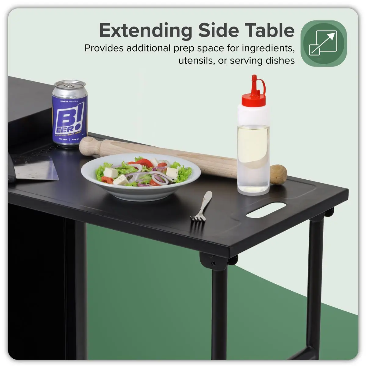 Dellonda BBQ/Plancha Workstation Trolley with Cupboard, Extension Table & Utensil Hooks, Black - Image 10