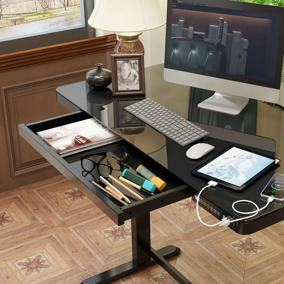 Dellonda Black Electric Adjustable Standing Desk with USB & Drawer, 1200 x 600mm - Image 7