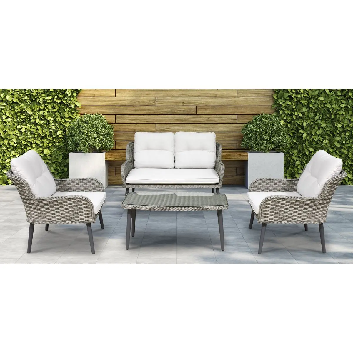 Dellonda Buxton 4 Piece Rattan Wicker Outdoor Lounge Set with Double Sofa, Grey - Image 6