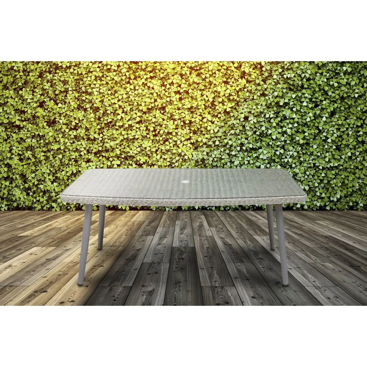 Dellonda Buxton Rattan Wicker Outdoor Dining Table with Clear Tempered Glass Top, Grey - Image 2