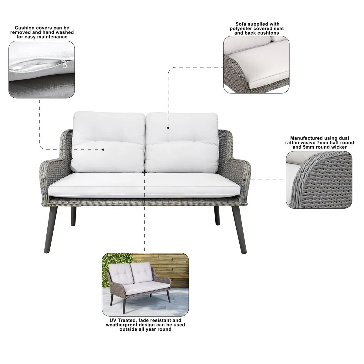 Dellonda Buxton Rattan Wicker Outdoor Lounge 2-Seater Sofa with Cushion, Grey - Image 5