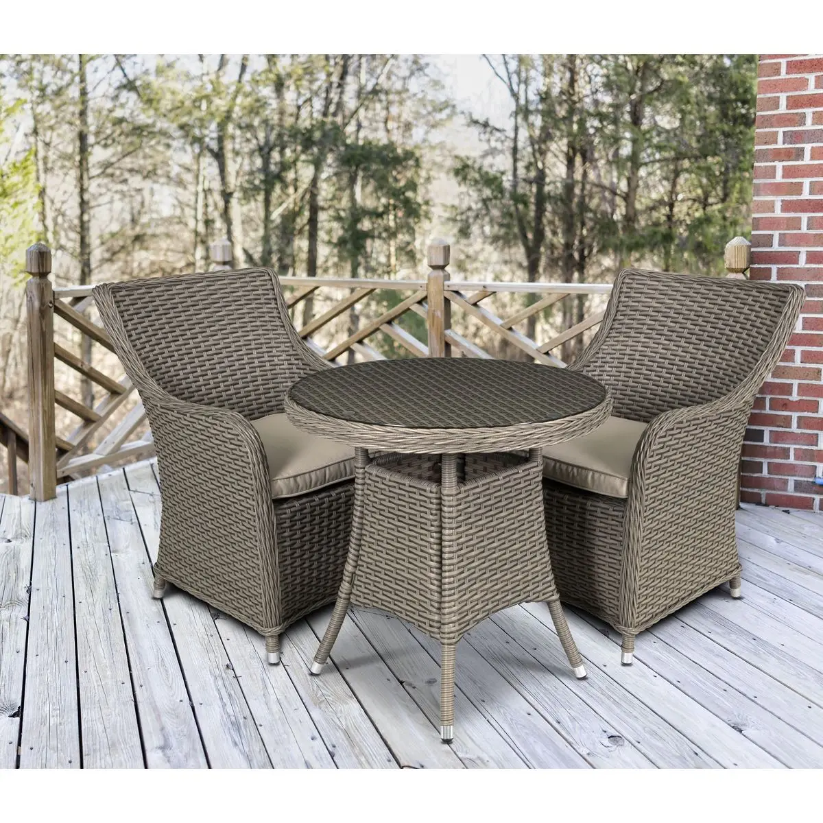 Dellonda Chester 3 Piece Rattan Wicker Outdoor Dining Set with Tempered Glass Table Top, Brown - Image 4