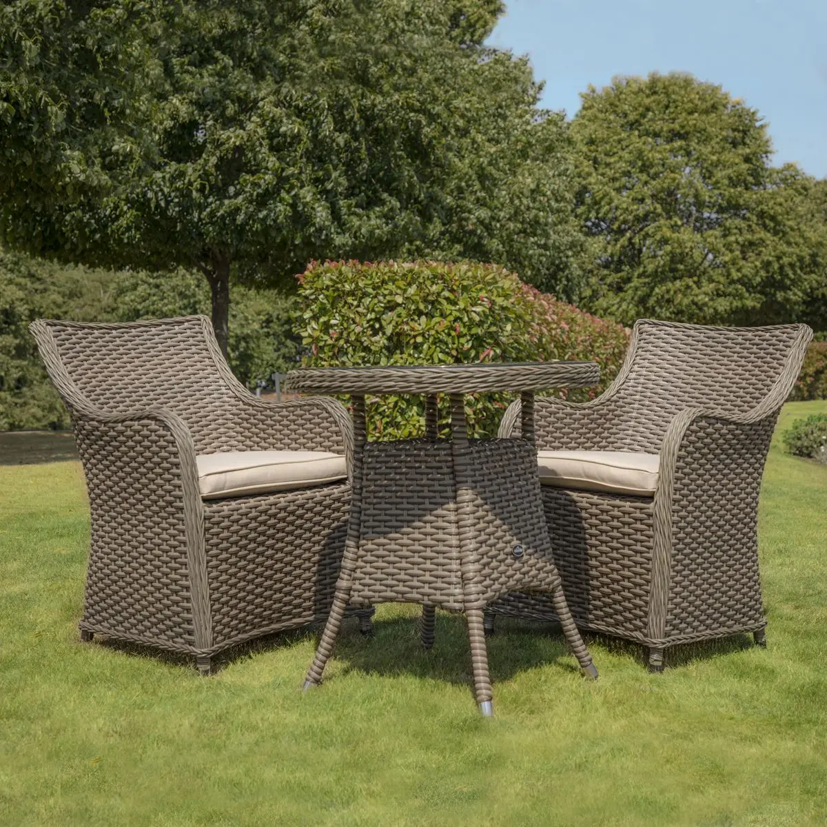 Dellonda Chester 3 Piece Rattan Wicker Outdoor Dining Set with Tempered Glass Table Top, Brown - Image 6
