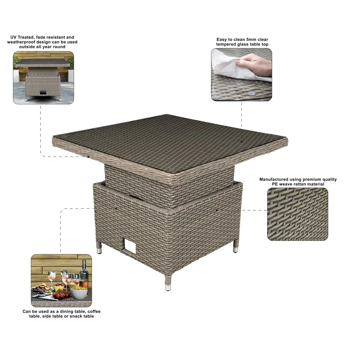 Dellonda Chester Rattan Wicker Adjustable Outdoor Dining Table, Brown - Image 6