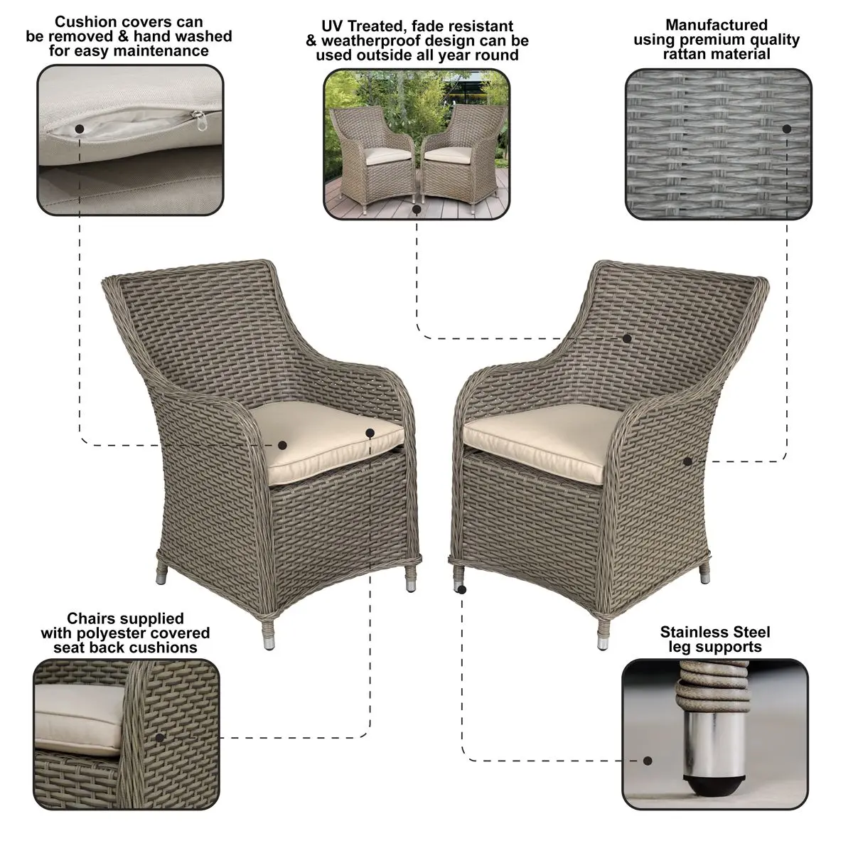 Dellonda Chester Rattan Wicker Garden Dining Chairs with Cushion, Brown - Image 2