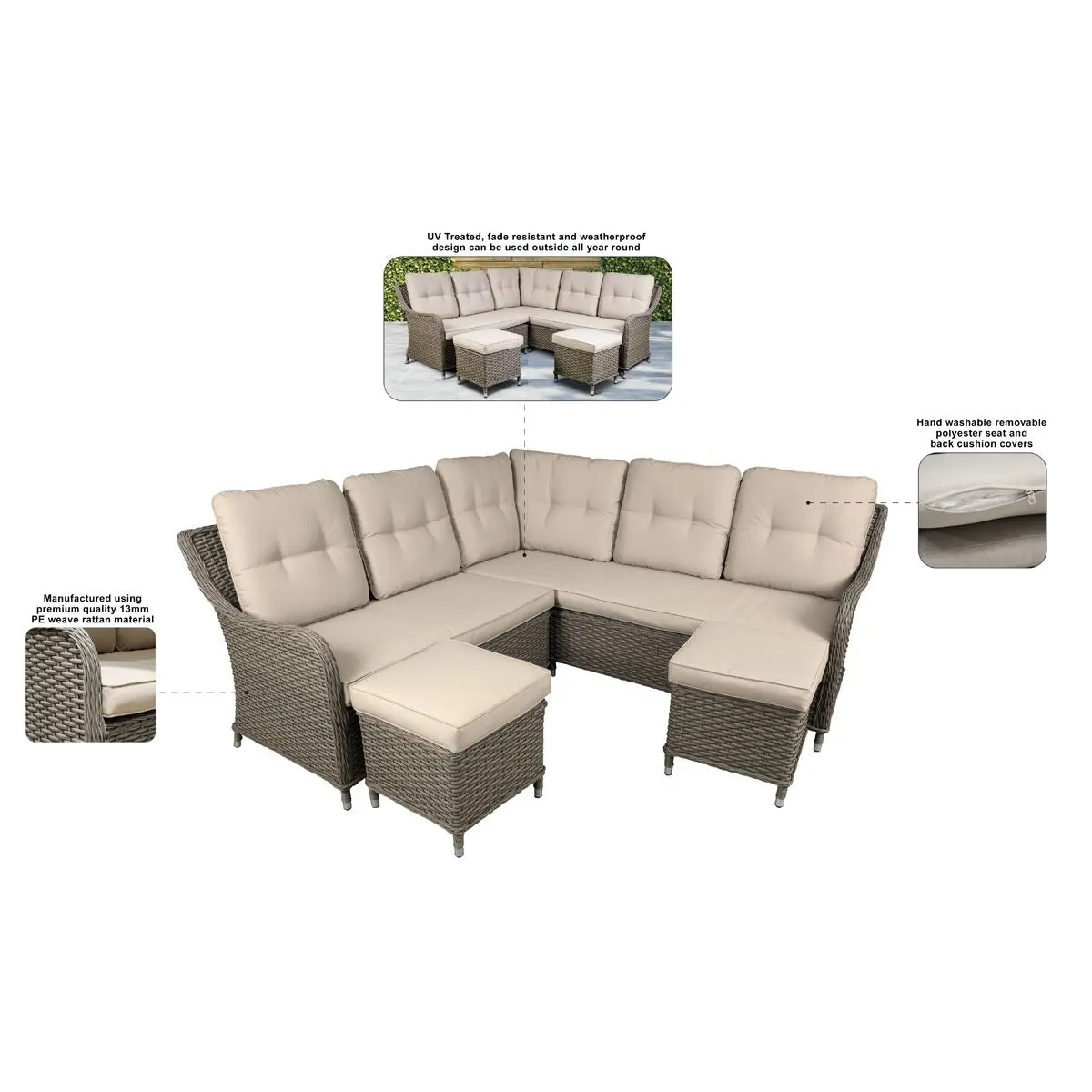 Dellonda Chester Rattan Wicker Outdoor 5 Seat Corner Sofa Set, Brown - Image 7