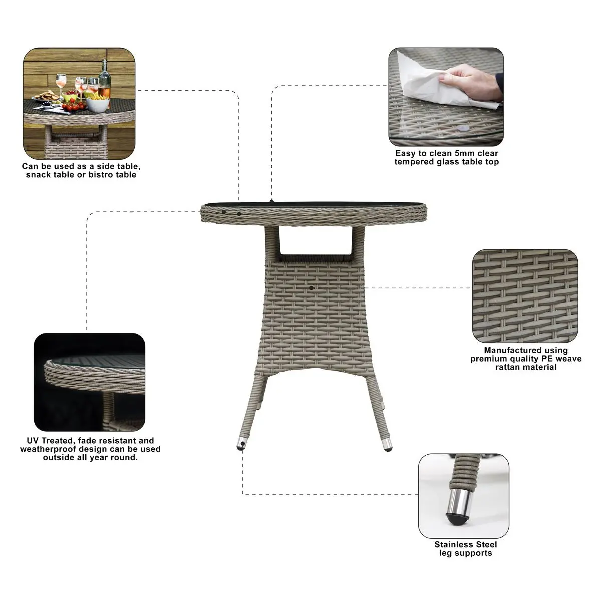 Dellonda Chester Rattan Wicker Outdoor Bistro Table with Tempered Glass Top, Brown - Image 2