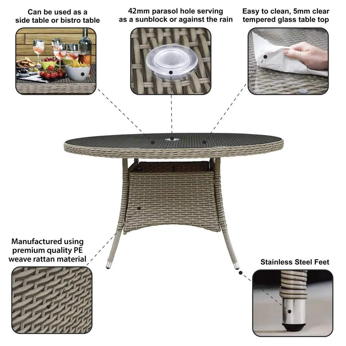 Dellonda Chester Rattan Wicker Outdoor Dining Table with Tempered Glass Top - Image 7