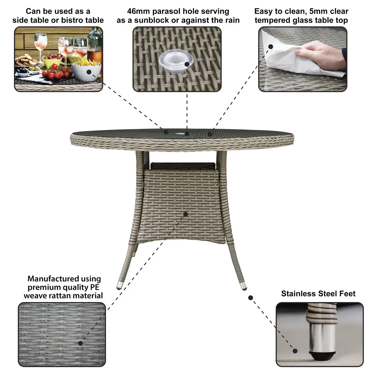Dellonda Chester Rattan Wicker Outdoor Dining Table with Tempered Glass Top, Brown - Image 5