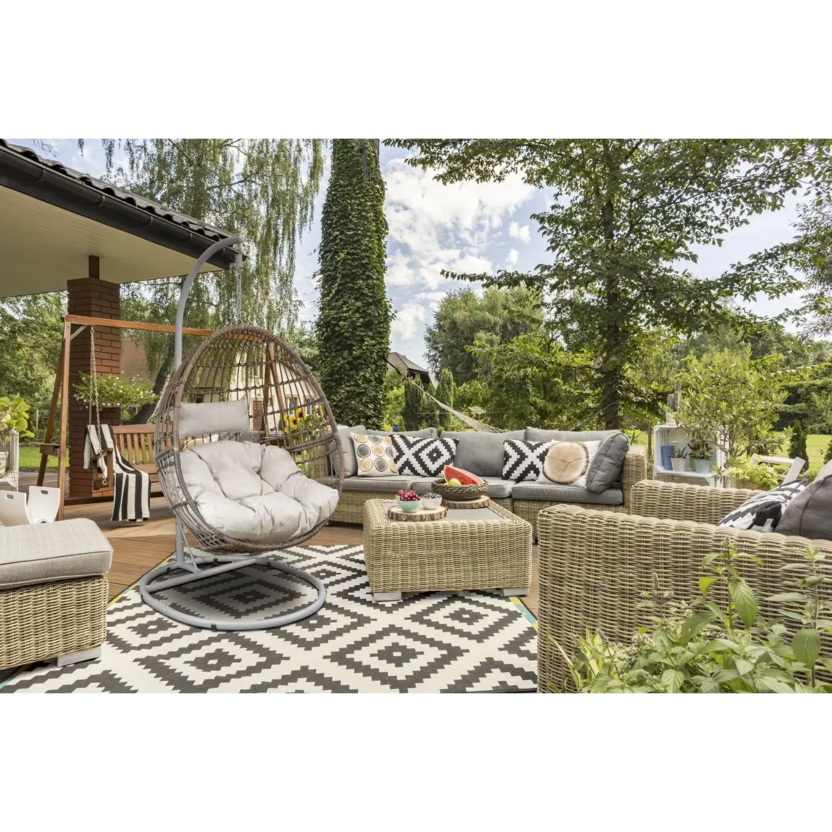 Dellonda Egg Hanging Swing Chair, Wicker Rattan Basket, Steel Frame, Single - Image 2
