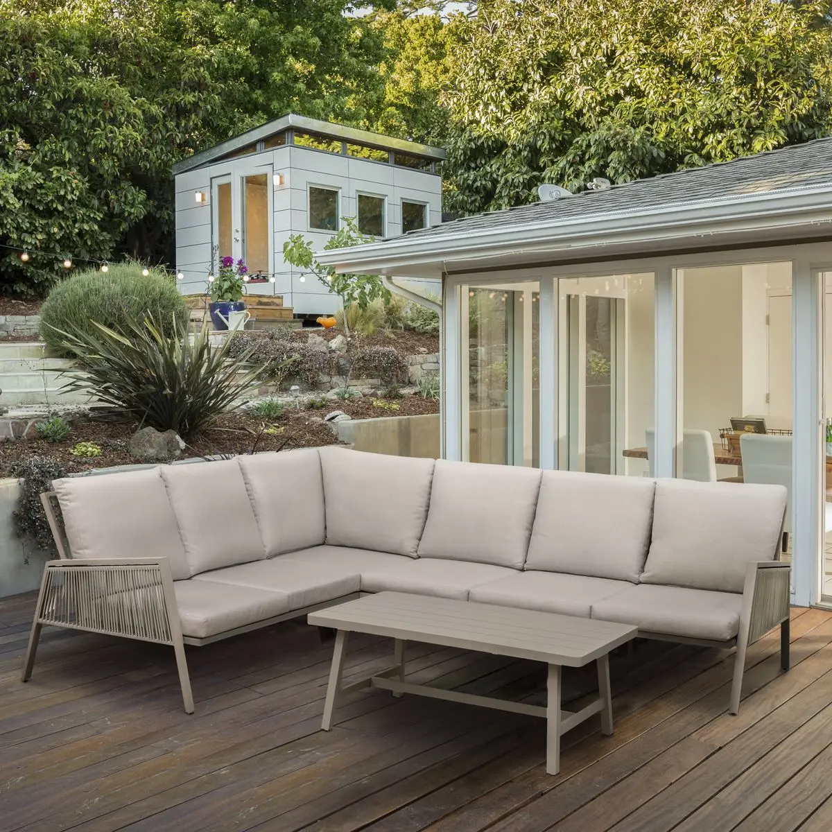 Dellonda Fusion 4-Piece Outdoor Garden Corner Sofa & Coffee Table Set, Aluminium - Image 3