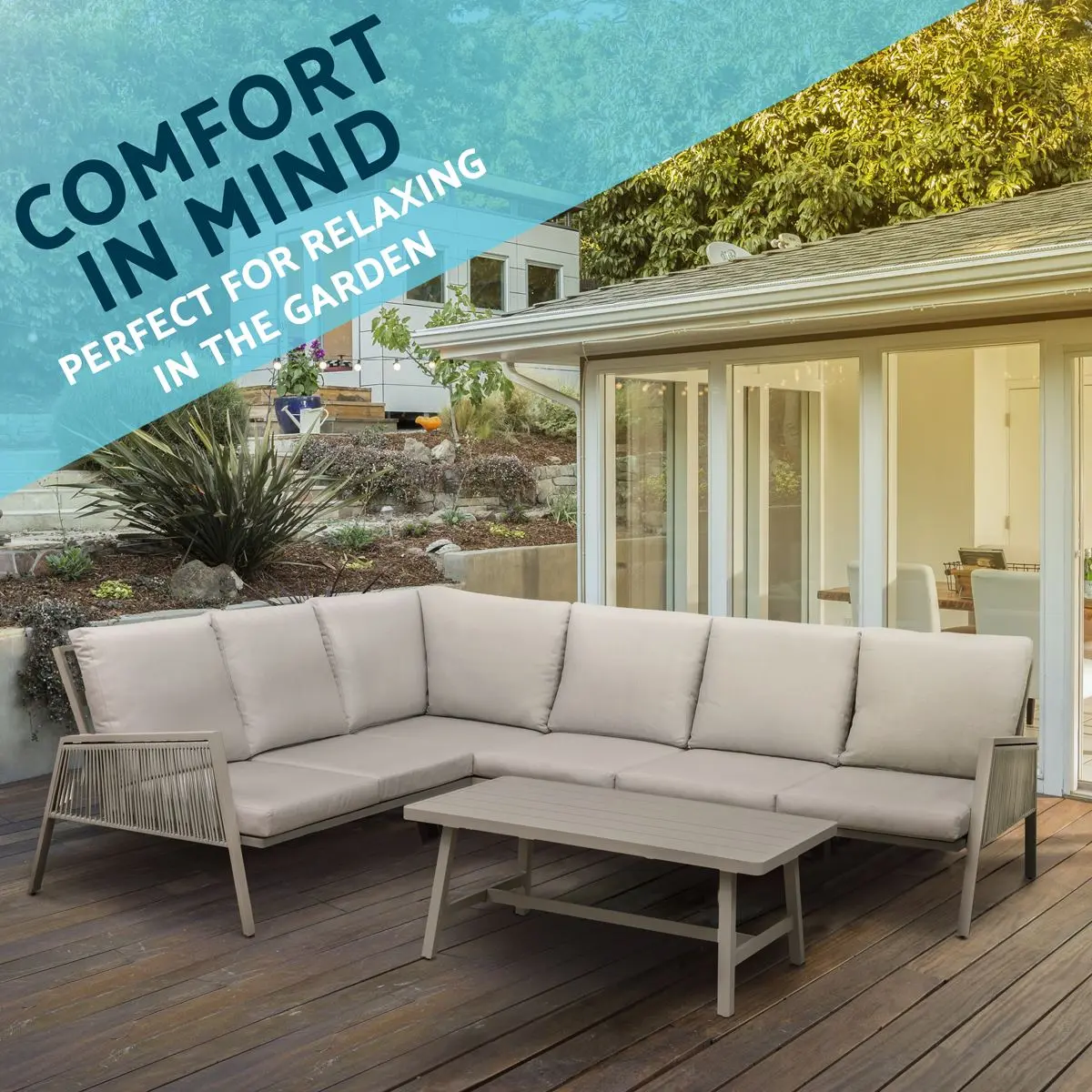 Dellonda Fusion 4-Piece Outdoor Garden Corner Sofa & Coffee Table Set, Aluminium - Image 4