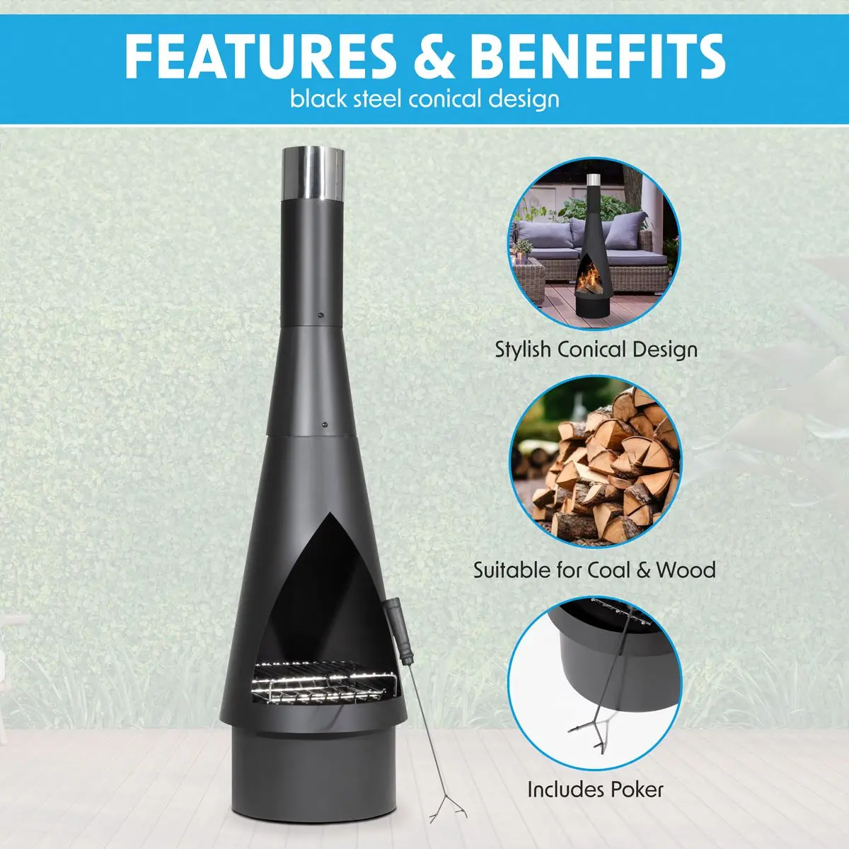Dellonda Outdoor Chiminea, Fireplace, Fire Pit, Heater, Durable, Black Steel - Image 4