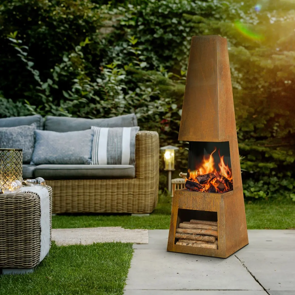 Dellonda Outdoor Chiminea Fireplace Heater Firewood Storage - Corten Steel - Image 11