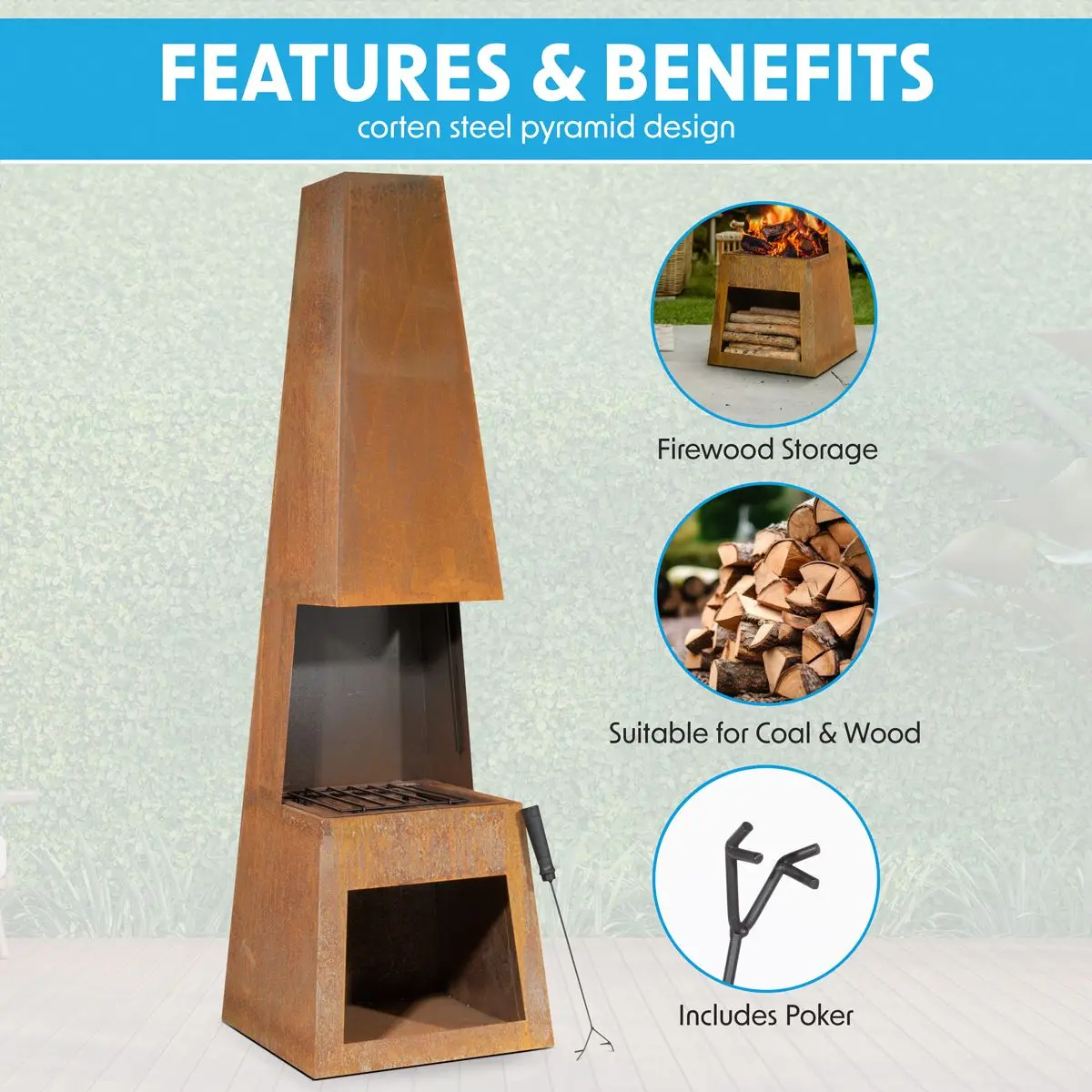Dellonda Outdoor Chiminea Fireplace Heater Firewood Storage - Corten Steel - Image 4