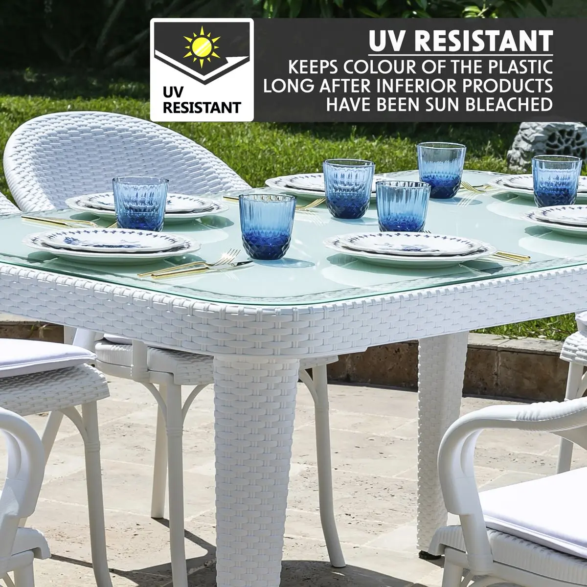 Dellonda Outdoor Dining Table Weather Resistant Body Glass Table 90x150cm - Image 3
