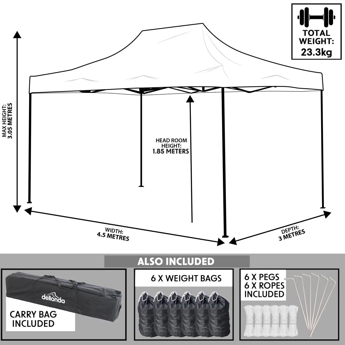 Dellonda Premium 3 x 4.5m Pop-Up Gazebo, Heavy Duty, PVC Coated, Water Resistant Fabric, Supplied with Carry Bag, Rope, Stakes & Weight Bags - Blue Canopy - Image 8