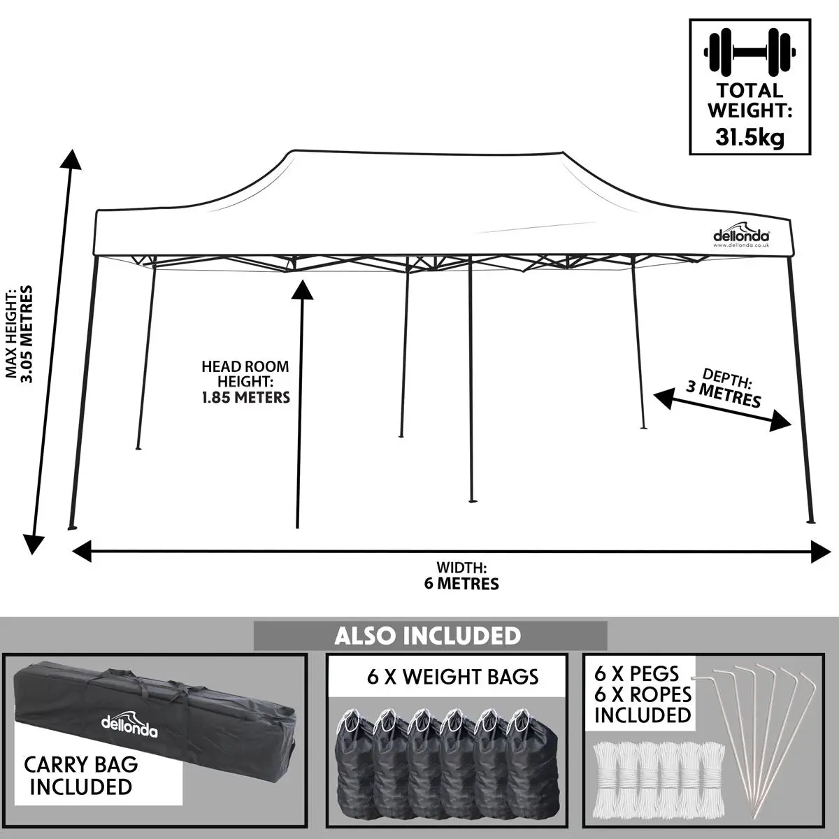 Dellonda Premium 3x6m Pop-Up Gazebo, Heavy Duty, PVC Coated, Water Resistant Fabric, Supplied with Carry Bag, Rope, Stakes & Weight Bags - Dark Green Canopy - Image 2