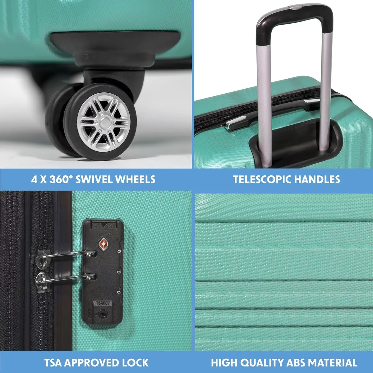Dellonda Set 3-Piece Lightweight ABS Luggage Set with Integrated TSA Approved Combination Lock - Teal - DL126 - Image 8