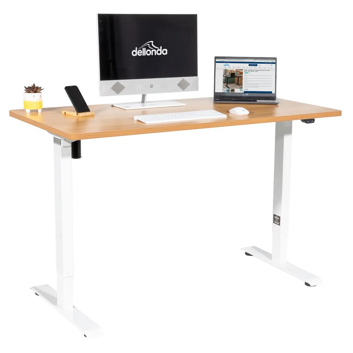 Dellonda Single Motor Height-Adjustable Electric Sit & Stand Desk with Oak Desktop & White Frame - Image 4