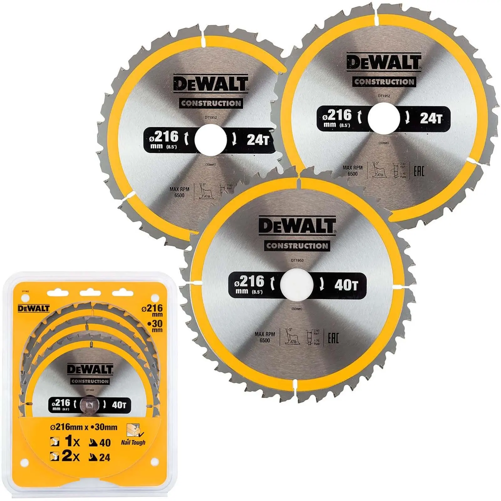DeWalt Circular Saw Blade Set Construction Wood Nails 216mm 3 Pack 24T 40T DT1962