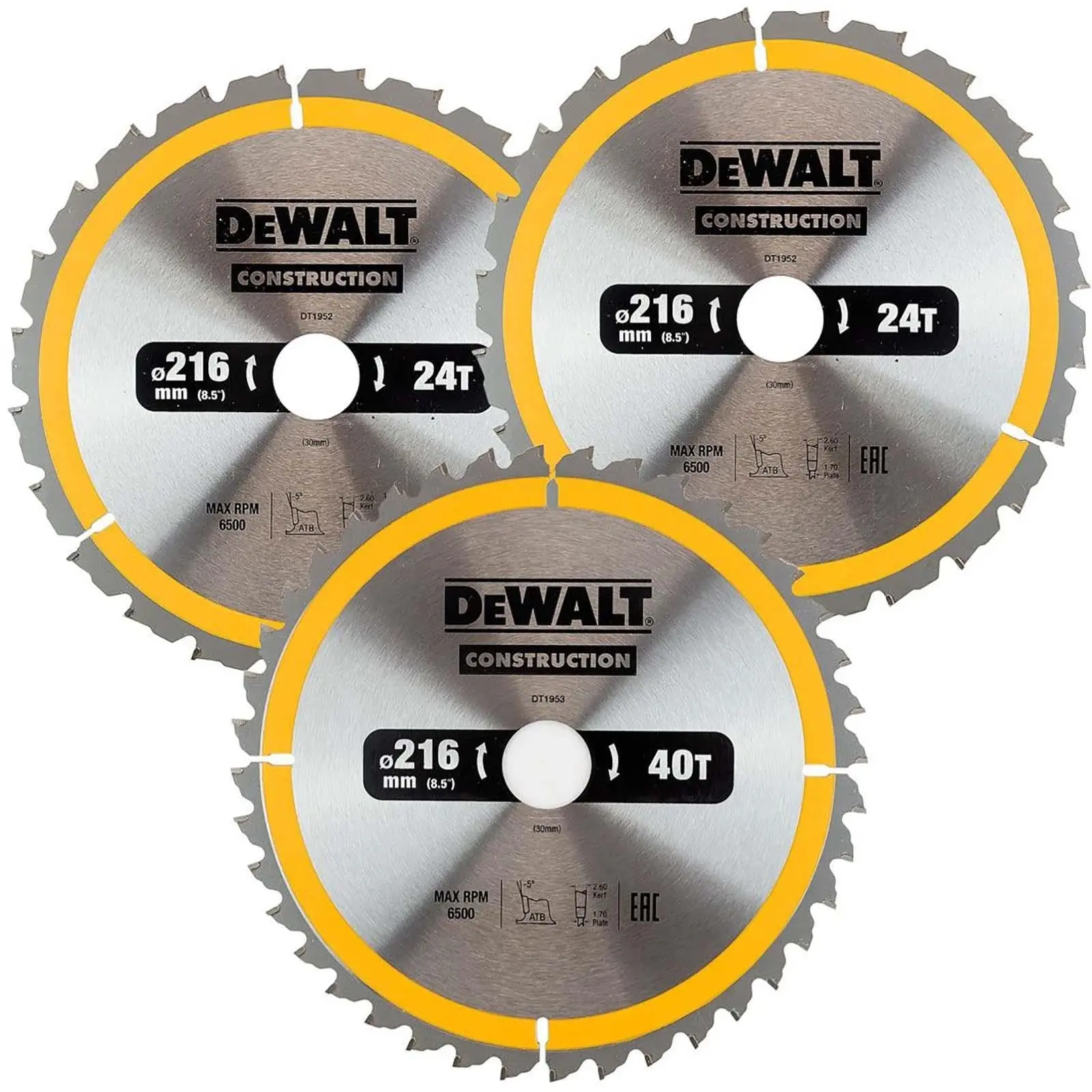 DeWalt Circular Saw Blade Set Construction Wood Nails 216mm 3 Pack 24T 40T DT1962 - Image 2