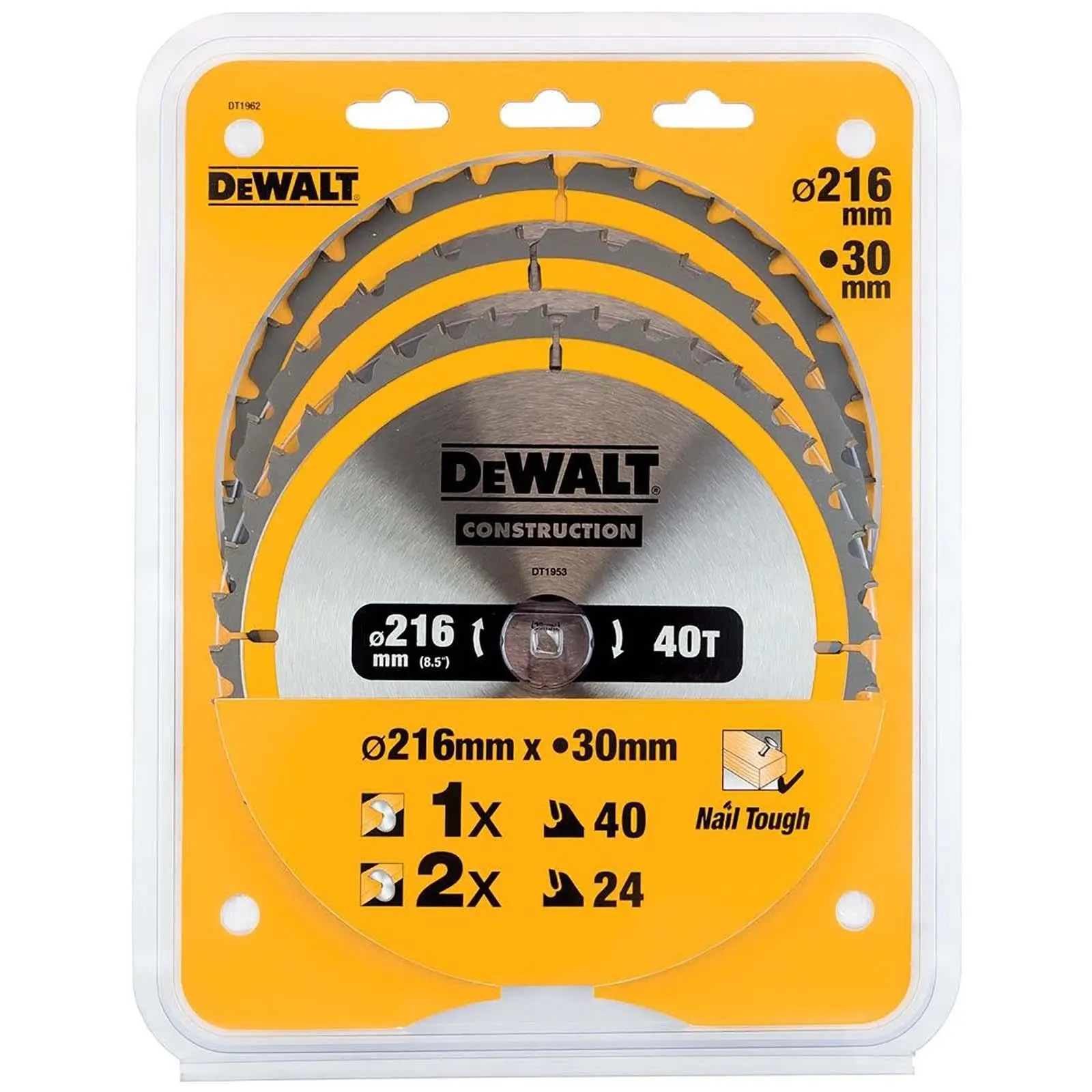 DeWalt Circular Saw Blade Set Construction Wood Nails 216mm 3 Pack 24T 40T DT1962 - Image 3