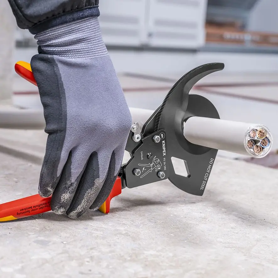 KNIPEX Cable Cutter Ratchet Action 280mm 52mm Capacity VDE Insulated 95 36 280 - Image 3