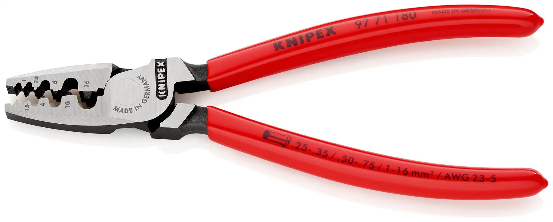 Knipex Crimping Pliers for Wire Ferrules 180mm 0.25-16mm² Capacity 97 71 180 - Image 2