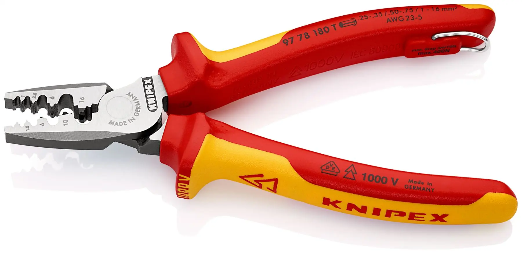 Knipex Crimping Pliers for Wire Ferrules 180mm VDE Insulated 1000V with Tether Point 97 78 180 T - Image 3