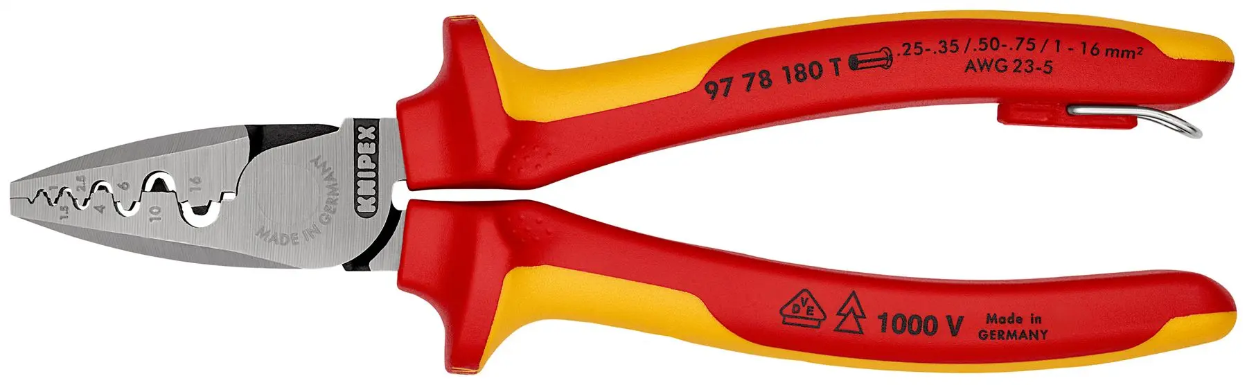 Knipex Crimping Pliers for Wire Ferrules 180mm VDE Insulated 1000V with Tether Point 97 78 180 T - Image 4