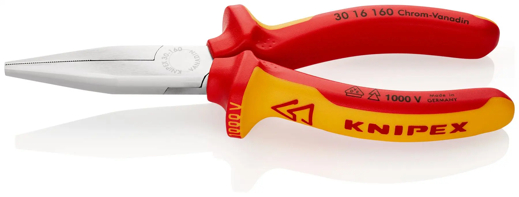 KNIPEX Long Nose Pliers Heavy Duty Wear Resisting 160mm VDE Chrome Multi Component Grips 30 16 160