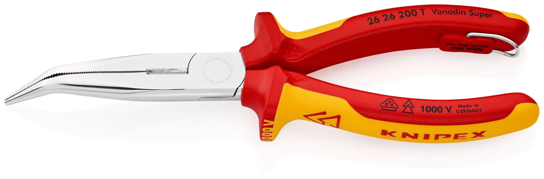 KNIPEX Snipe Nose Side Cutting Pliers Stork Beak Plier Bent Nose 200mm VDE Chrome with Tether Point 26 26 200 T BK