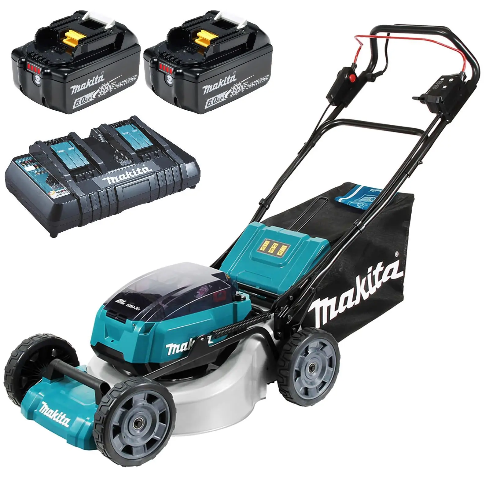 Makita 46cm Lawn Mower Kit Twin 18V LXT Li-ion Cordless Garden Grass Outdoor 2 x 6Ah Battery and Dual Rapid Charger DLM462PG2