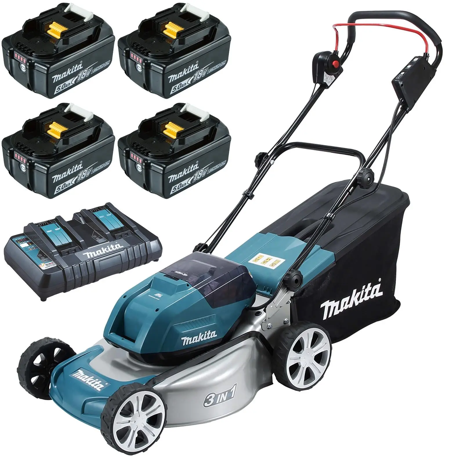 Makita 46cm Lawn Mower Kit Twin 18V LXT Li-ion Cordless Garden Grass Outdoor 4 x 5Ah Battery and Dual Rapid Charger DLM460PT4