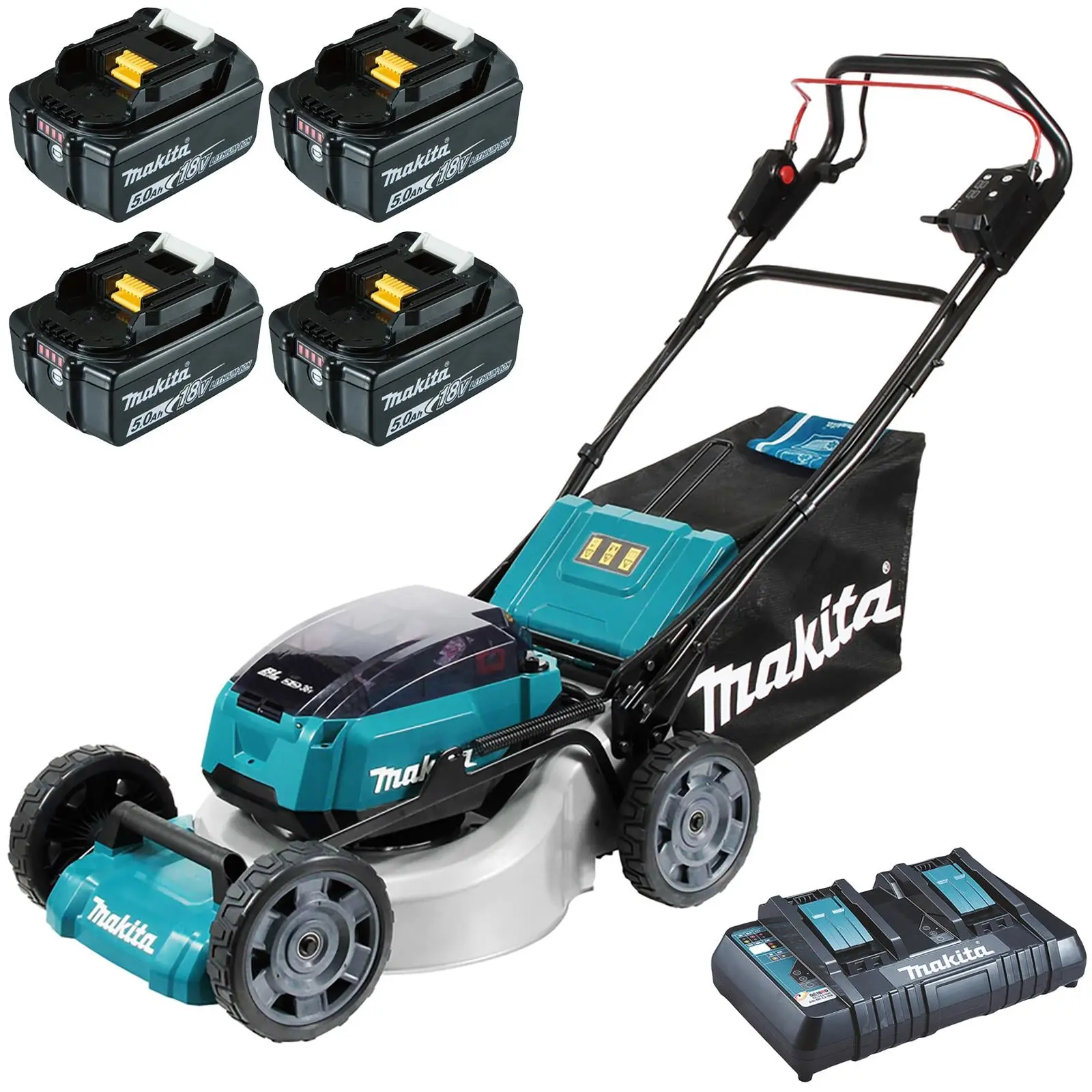 Makita 46cm Lawn Mower Kit Twin 18V LXT Li-ion Cordless Garden Grass Outdoor 4 x 5Ah Battery and Dual Rapid Charger DLM462PT4