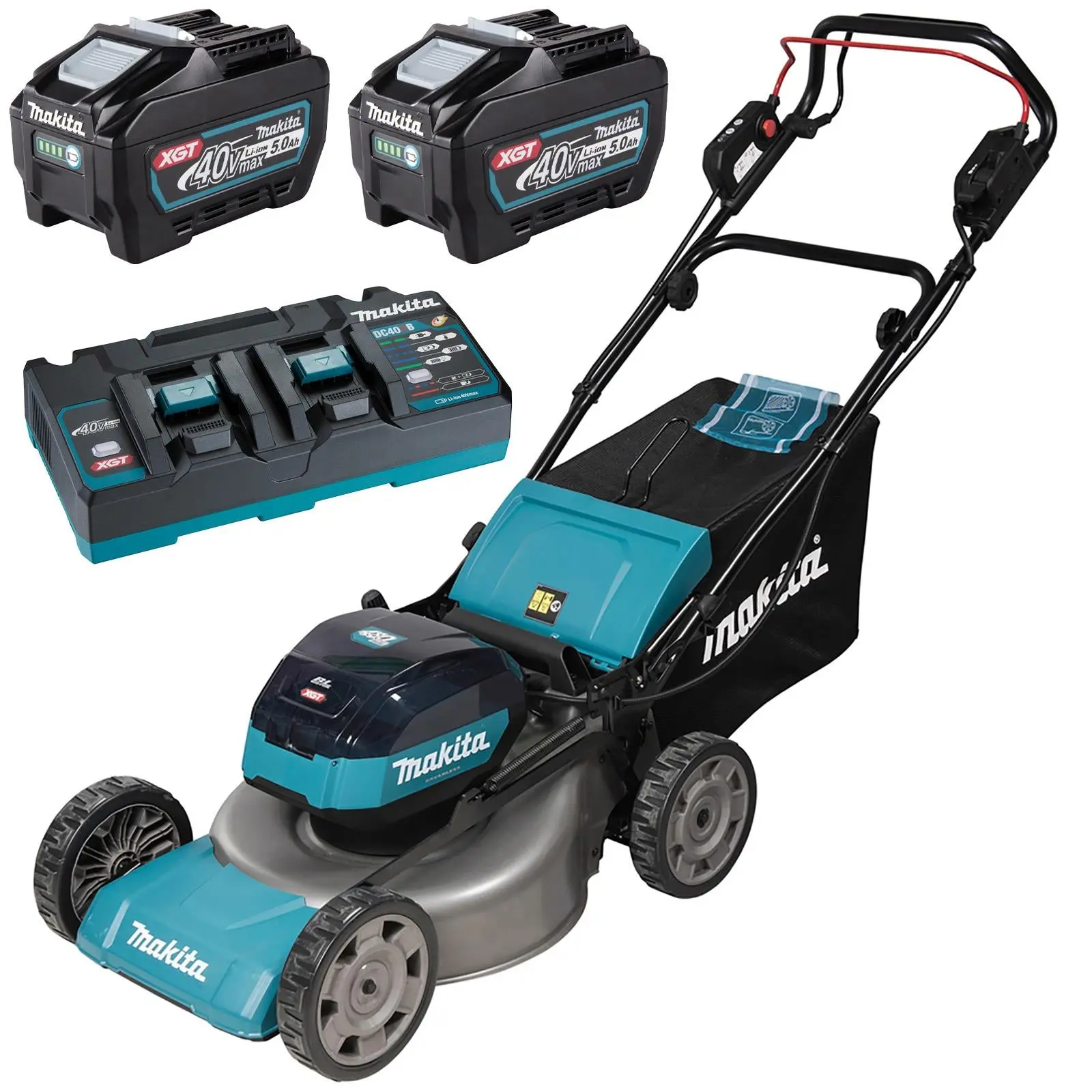 Makita 48cm Lawn Mower 40V Max XGT Li-ion Cordless Garden Grass Outdoor 2 x 5Ah Battery and Dual Fast Charger LM001GT204