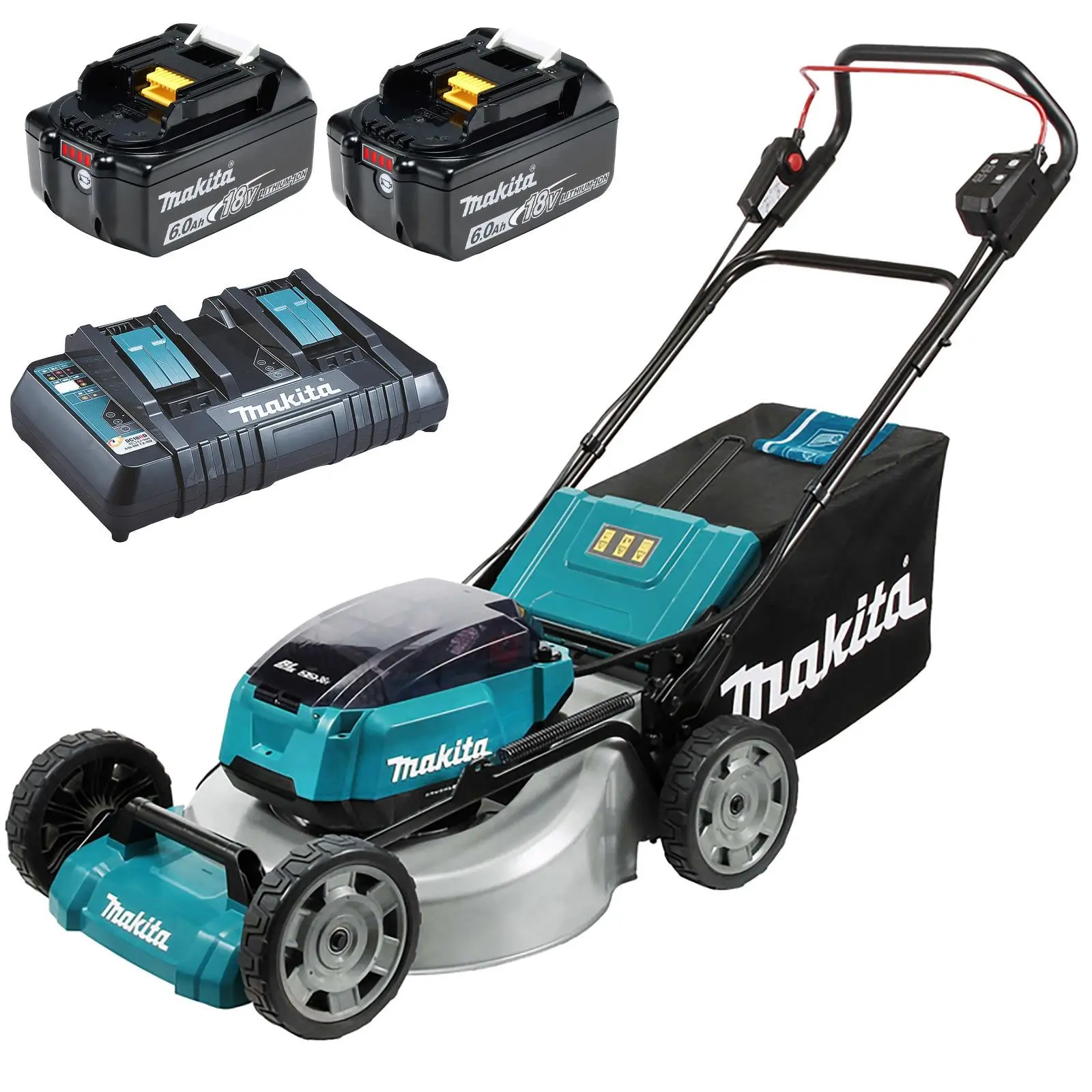 Makita 53cm Lawn Mower Kit Twin 18V LXT Li-ion Cordless Garden Grass Outdoor 2 x 6Ah Battery and Dual Rapid Charger DLM530PG2