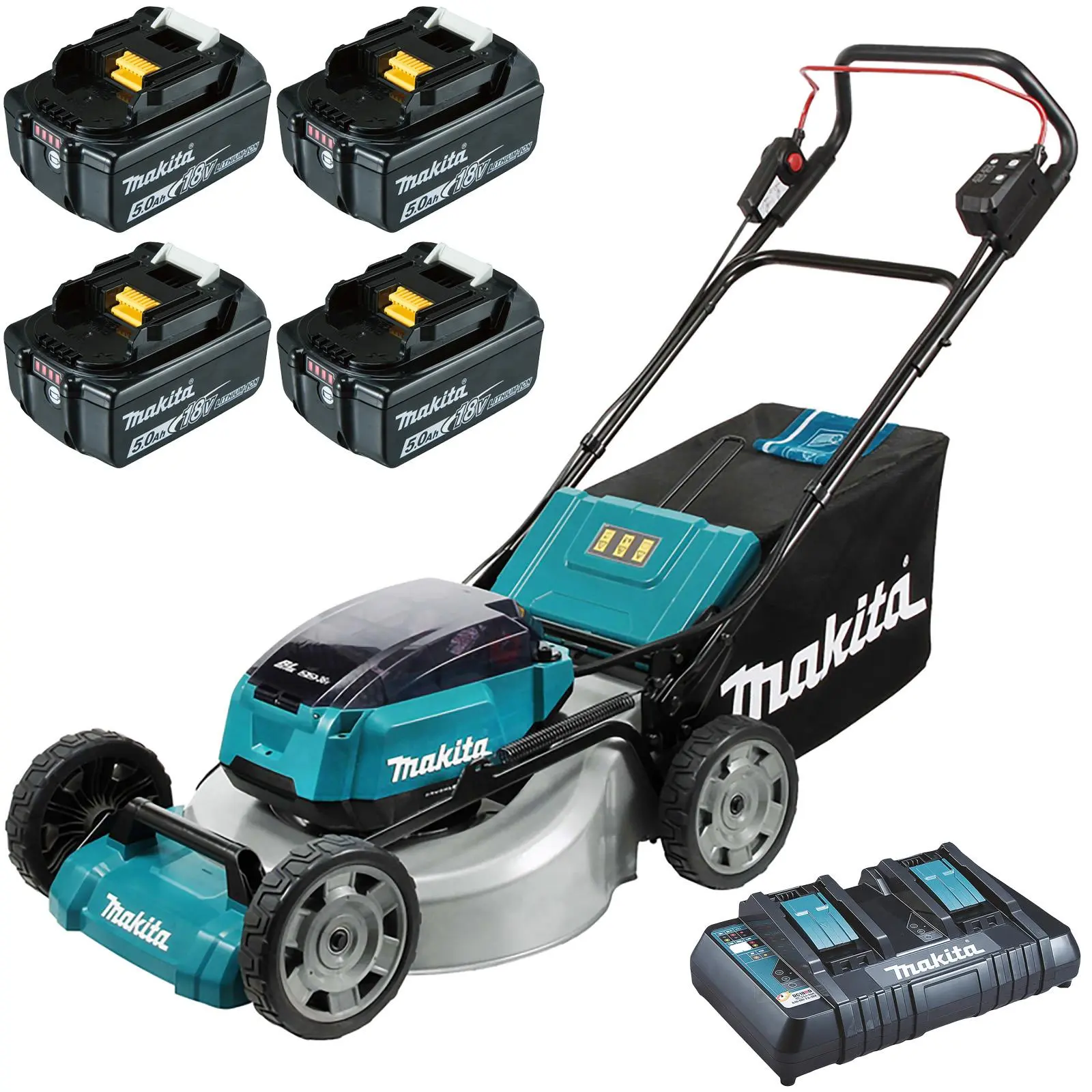 Makita 53cm Lawn Mower Kit Twin 18V LXT Li-ion Cordless Garden Grass Outdoor 4 x 5Ah Battery and Dual Rapid Charger DLM530PT4