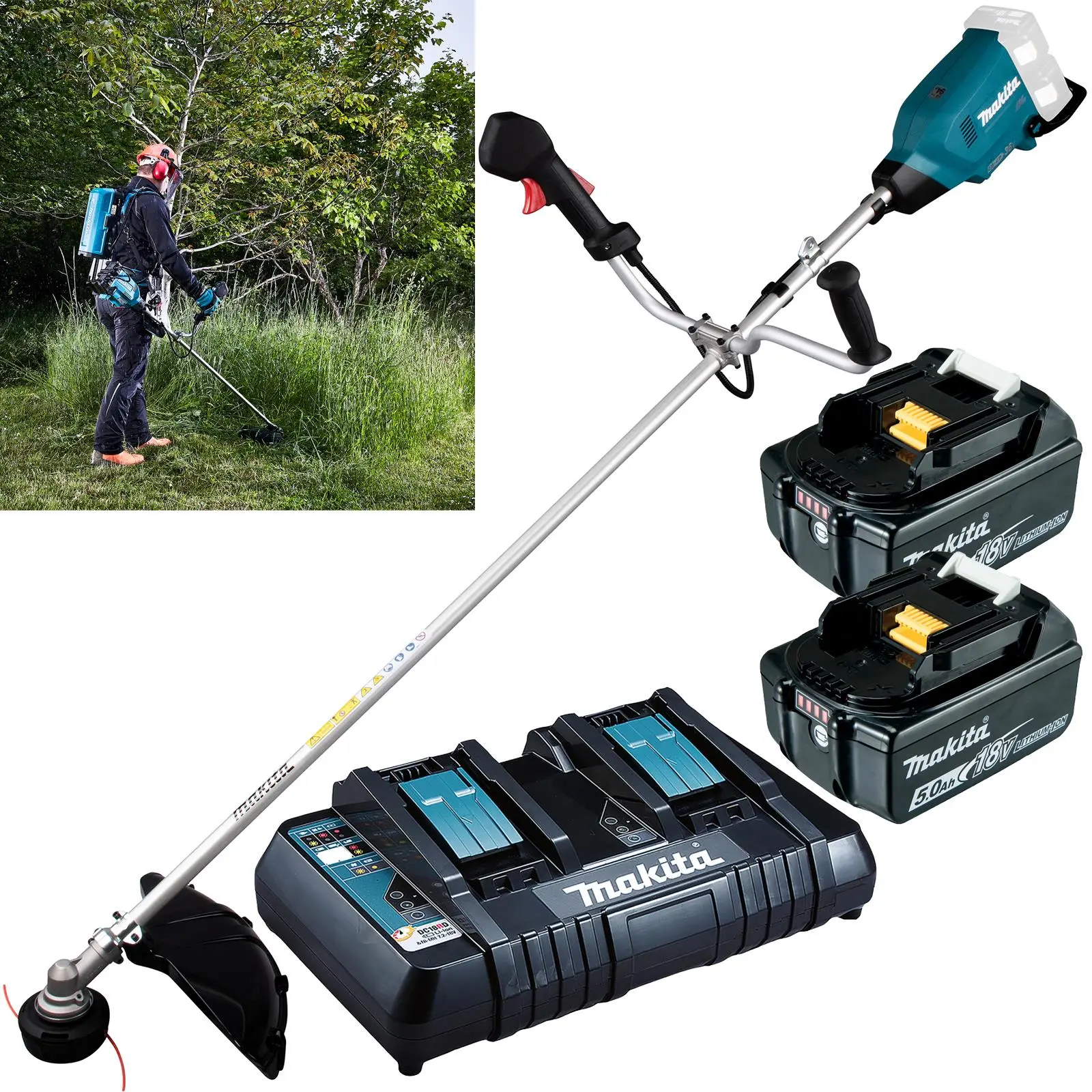 Makita Brush Cutter Kit 2 x 18V LXT Brushless Cordless Garden Lawn Strimming 2 x 5Ah Battery and Dual Rapid Charger DUR369APT2