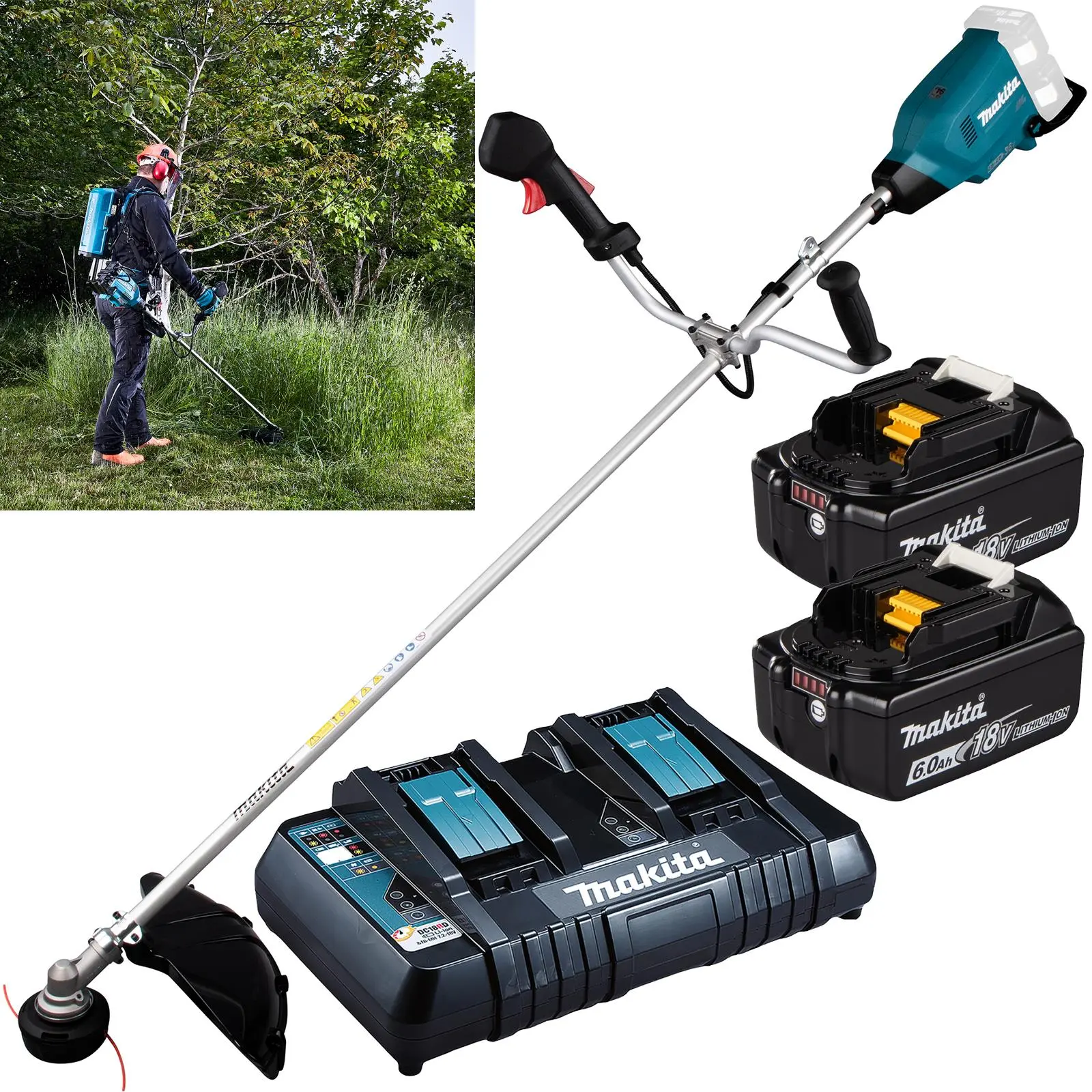 Makita Brush Cutter Kit 2 x 18V LXT Brushless Cordless Garden Lawn Strimming 2 x 6Ah Battery and Dual Rapid Charger DUR369APG2