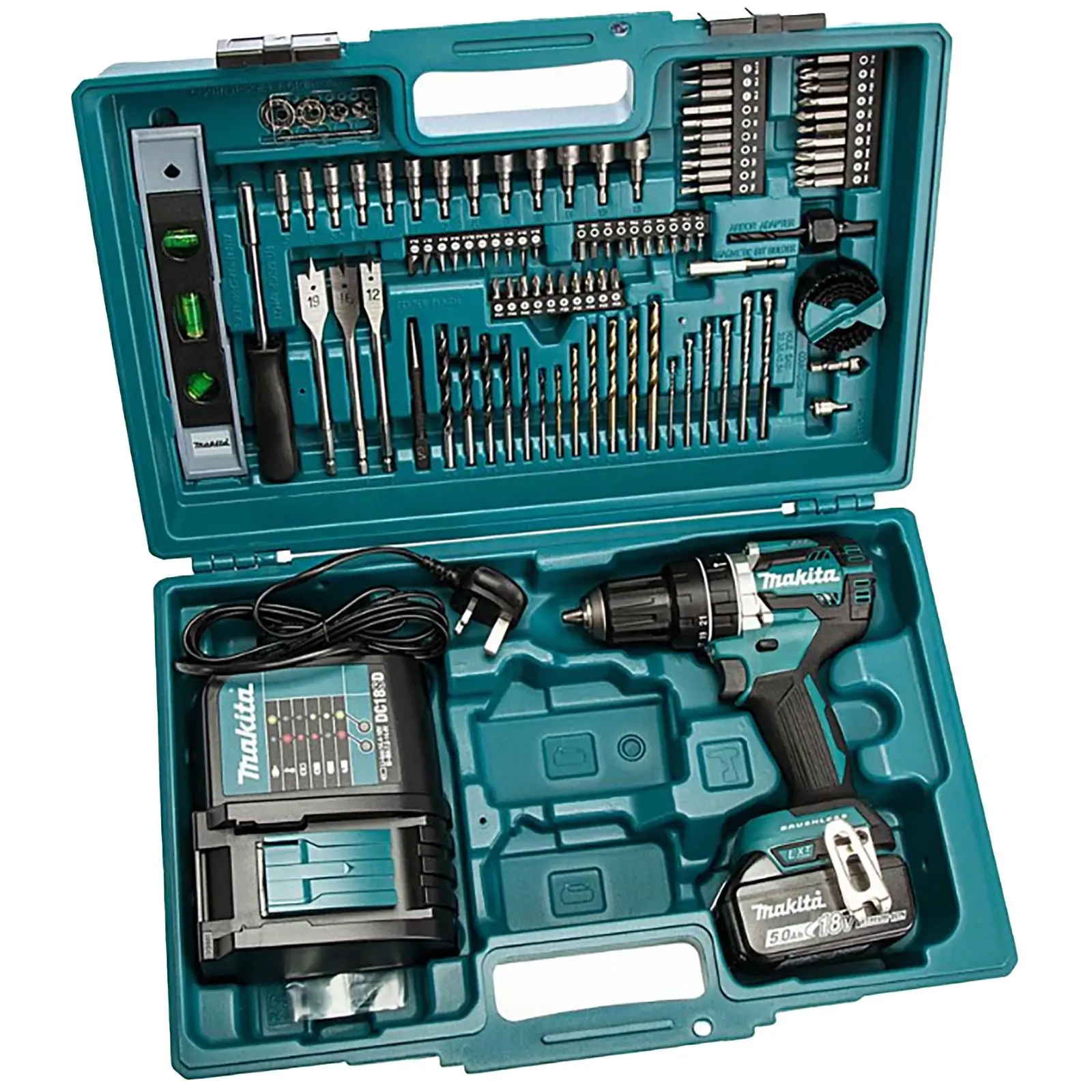 Makita Combi Drill Kit 18V LXT DHP484 with 5Ah Battery Charger 101pc Tool Set Cordless Brushless DHP484STX5