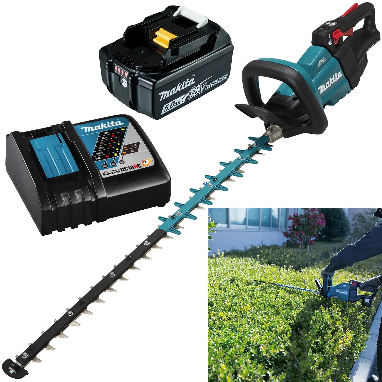 Makita Hedge Trimmer Kit 75cm 18V LXT Li-ion Brushless Cordless 5Ah Battery and Charger Garden Bush Cutter Cutting DUH751RT