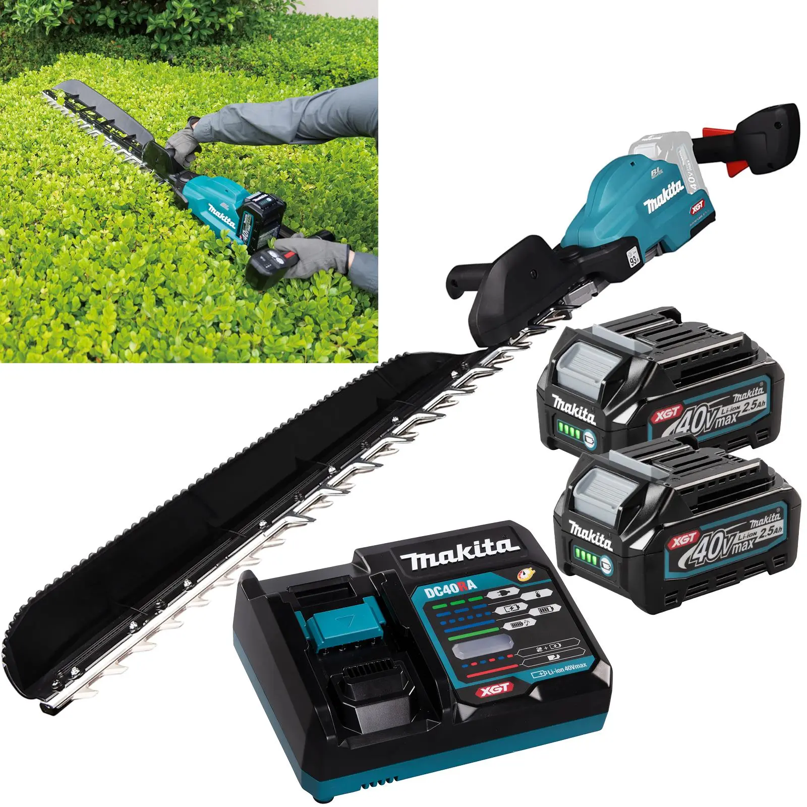 Makita Hedge Trimmer Kit 75cm 40V XGT Li-ion Brushless Cordless 2 x 2.5Ah Battery and Rapid Charger Garden Bush Cutter Cutting UH014GD202