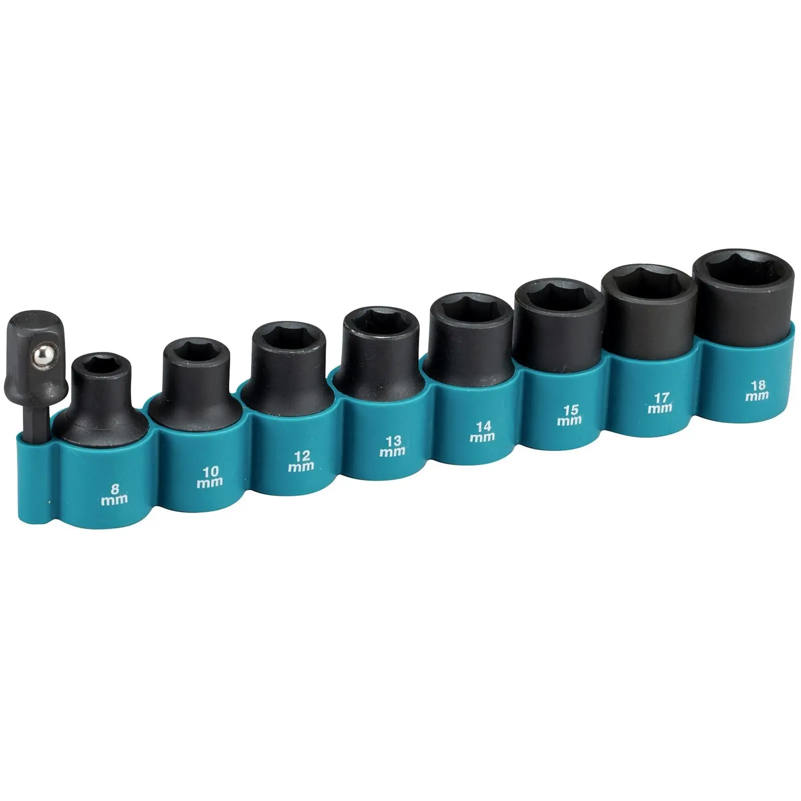 Makita Impact Socket Set 1/2" Drive 8-18mm with 1/4" Hex to 1/2" Drive Adaptor for Impact Driver 9 Piece