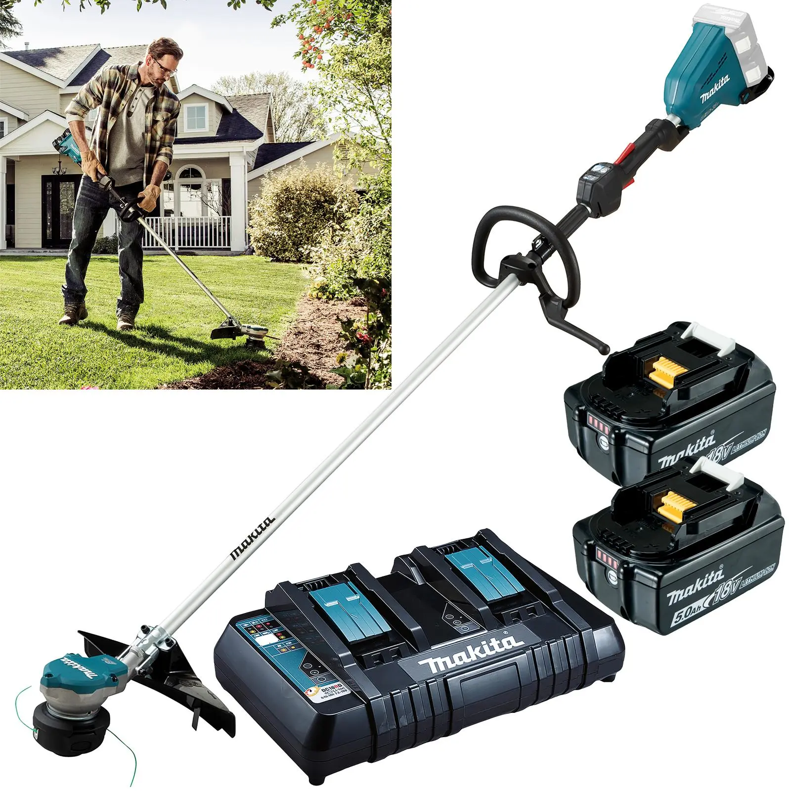 Makita Line Trimmer Strimmer Kit 2 x 18V LXT Brushless Cordless Garden Lawn Strimming 2 x 5Ah Battery and Dual Rapid Charger DUR368LPT2