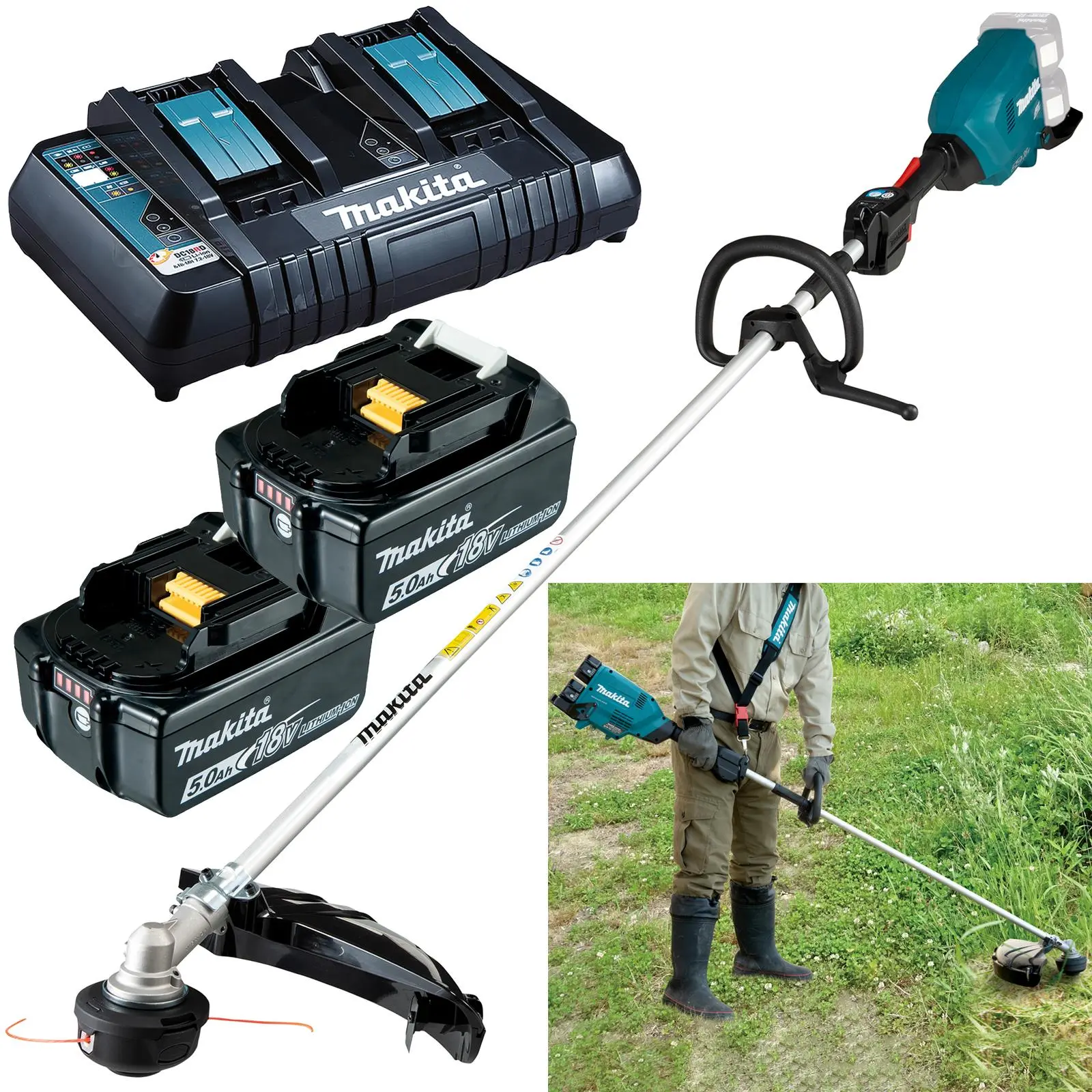 Makita Line Trimmer Strimmer Kit 2 x 18V LXT Brushless Cordless Garden Lawn Strimming 2 x 5Ah Battery and Dual Rapid Charger DUR369LPT2